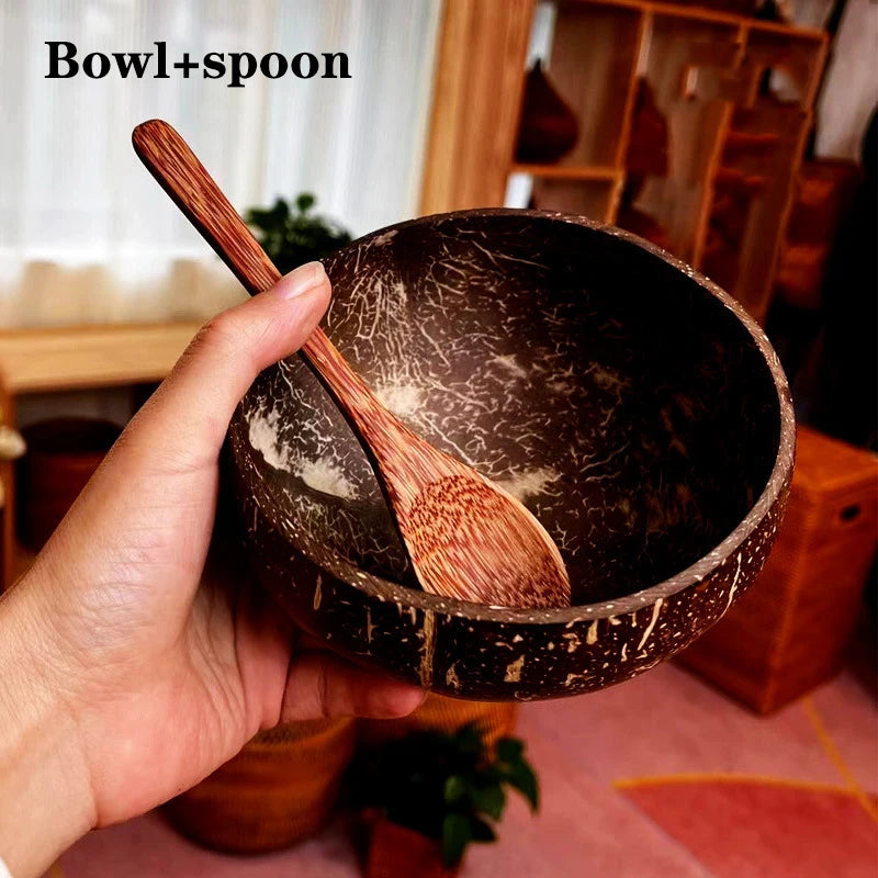 Polished Coconut Bowl and Wooden Spoon Set