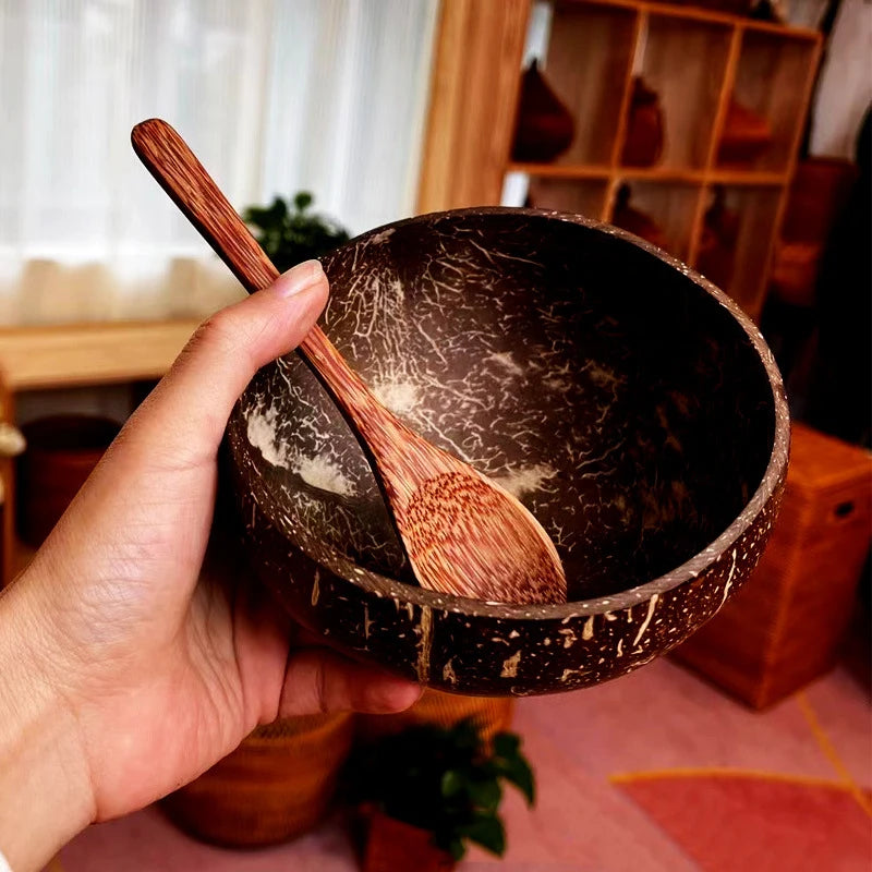 Polished Coconut Bowl and Wooden Spoon Set