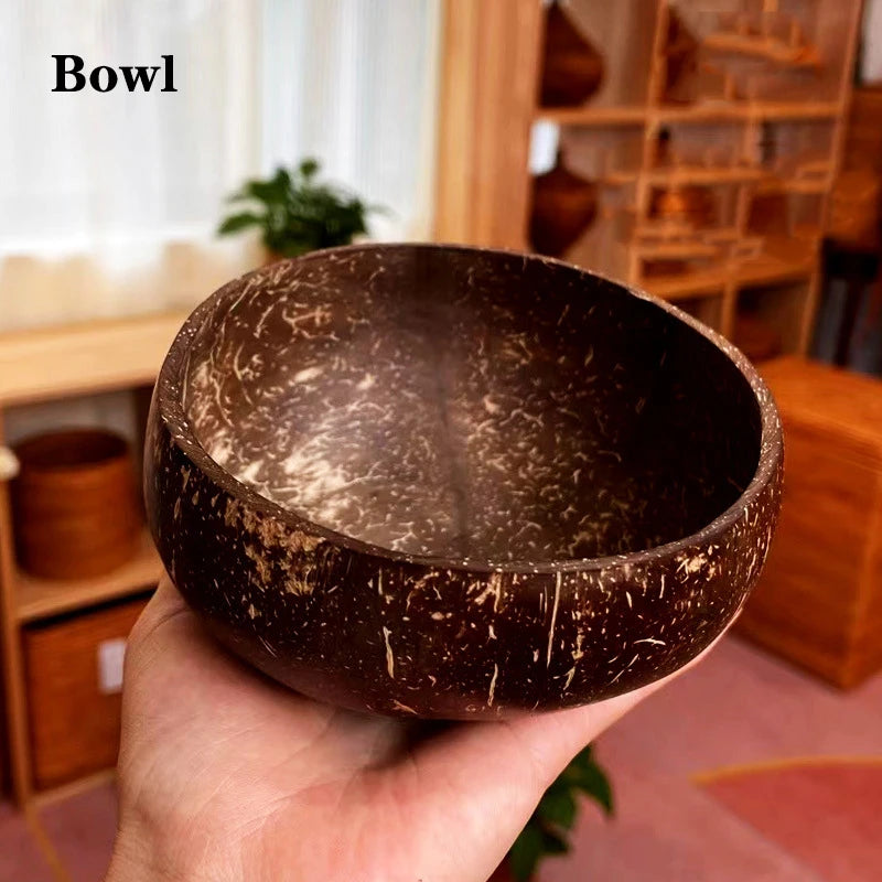 Polished Coconut Bowl and Wooden Spoon Set